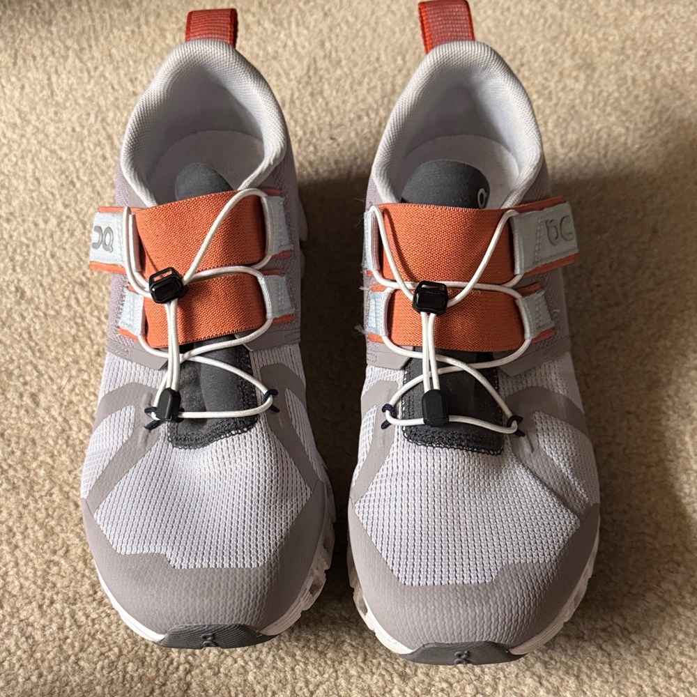 On Running Light Gray and Burnt Orange Sneakers, worn only a few times